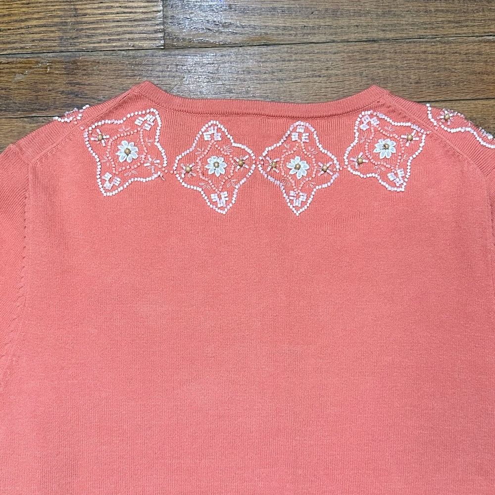 Garnet Hill Size Small Hand Beaded Embellished Floral Orange Cardigan Sweater - Picture 7 of 13